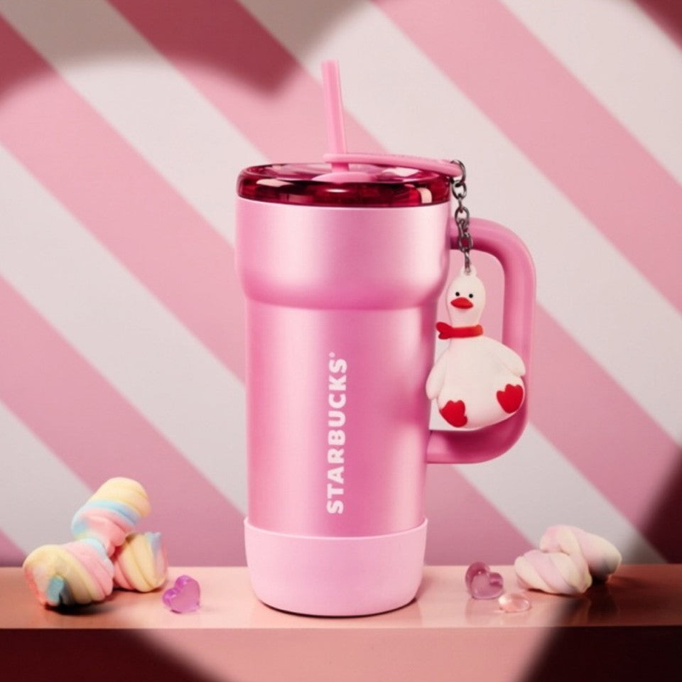 Starbucks China 2026 Pupu Duck Valentine's Day series stainless steel straw cup with charm 670ml 23.58oz
