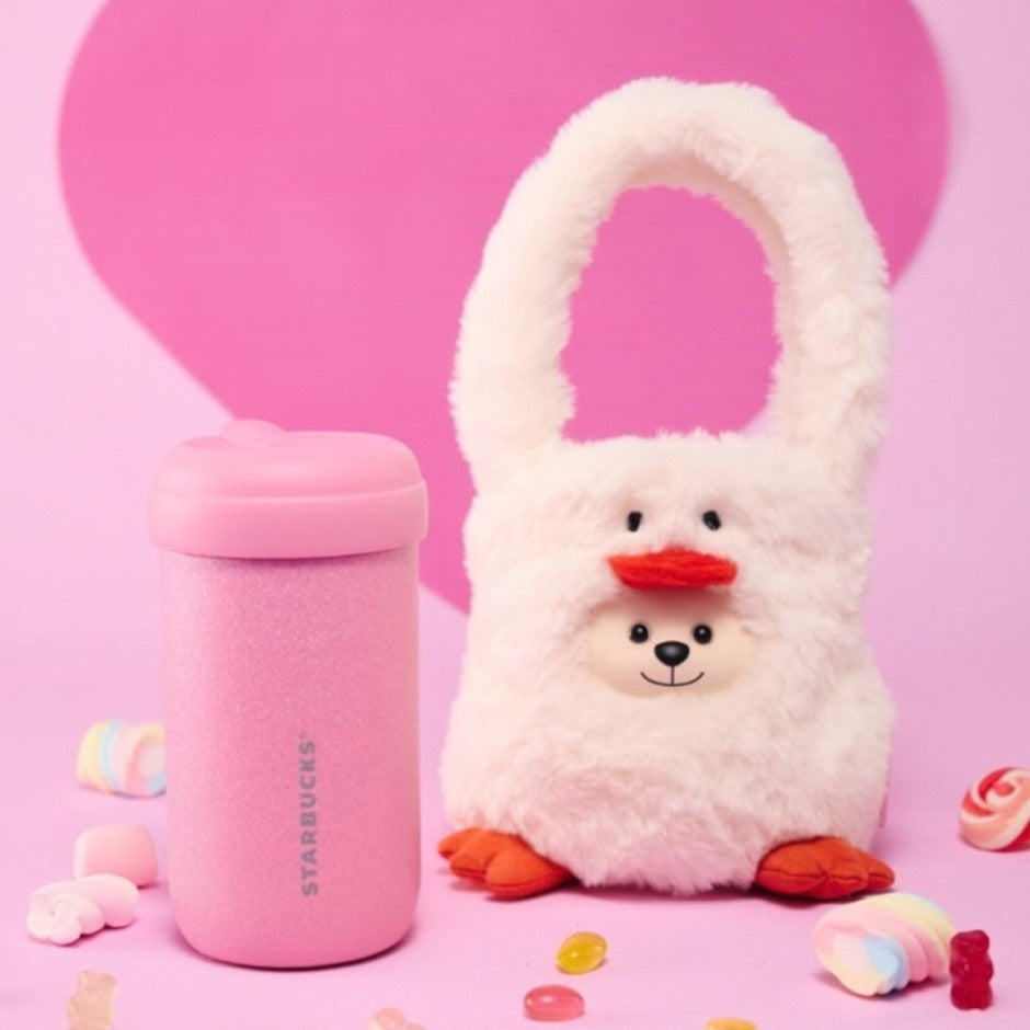 Starbucks China 2026 Pupu Duck Valentine's Day series stainless steel tumbler with vinyl plush handbag 450ml 15.84oz