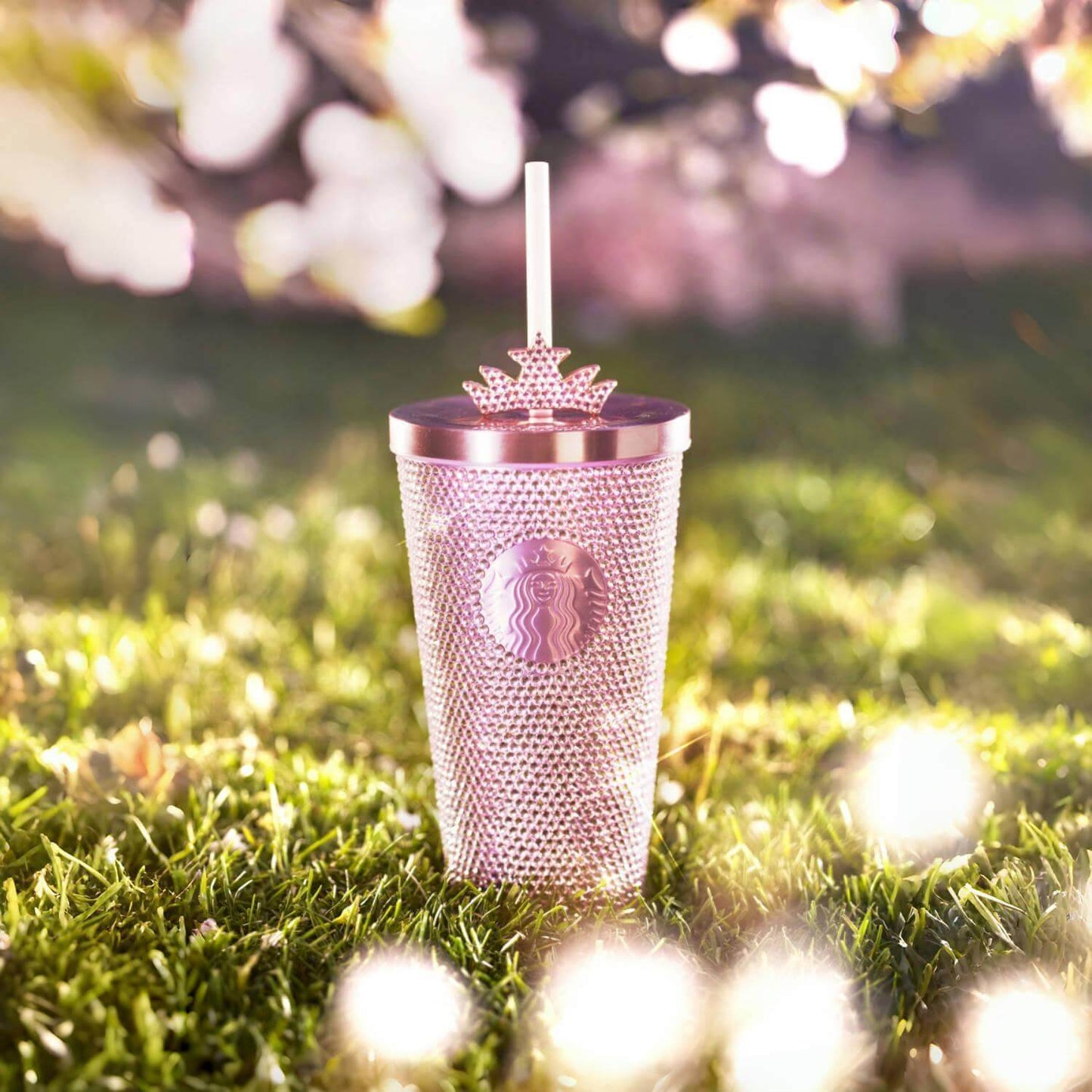 Starbucks China 2024 spring walk series pink Sakura crown rhinestones stainless steel cup Starbucks loveinstarbucks
