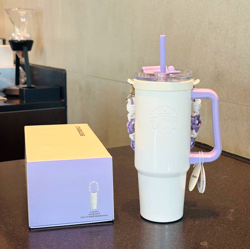 Starbucks China 2025 Colorful Summer Series Double Drinking Stainless Steel Cup with Lanyard 900ml 31.68oz