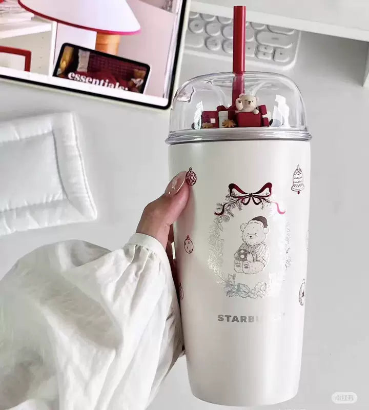 Starbucks China 2025 Christmas Heartbeat series 560ml stainless steel bow straw cup