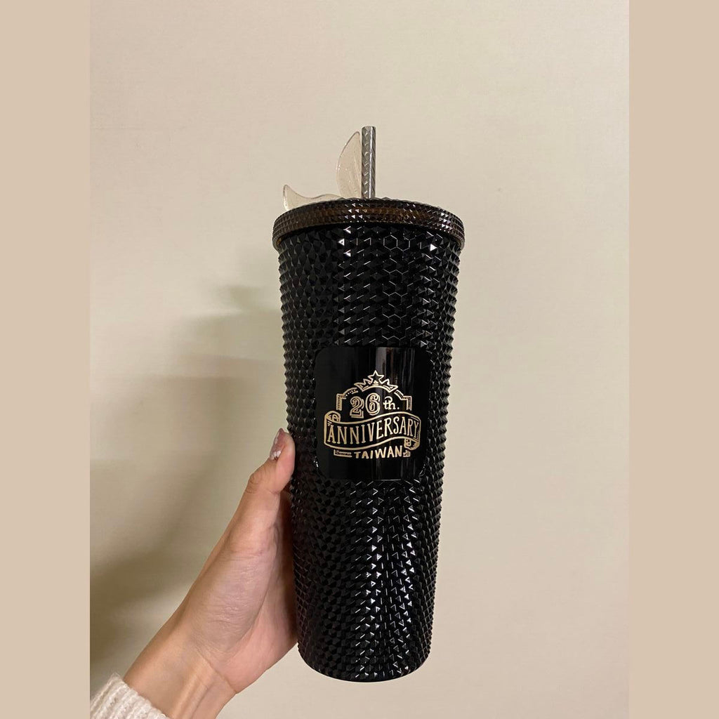 Starbucks Taiwan 2024 26th anniversary black studded straw cup with topper