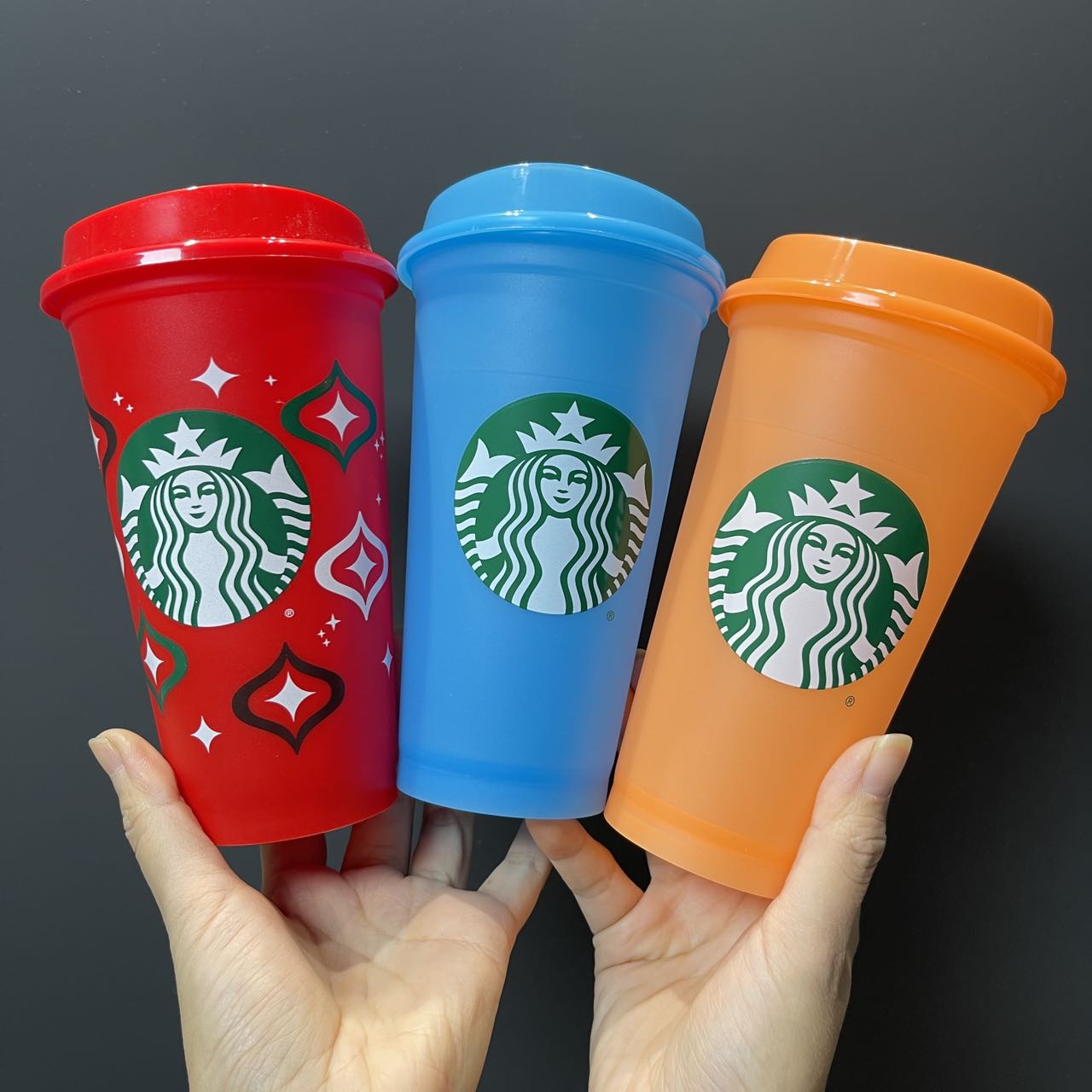 Starbucks reusable red blue and orange cup 16oz a set Starbucks loveinstarbucks
