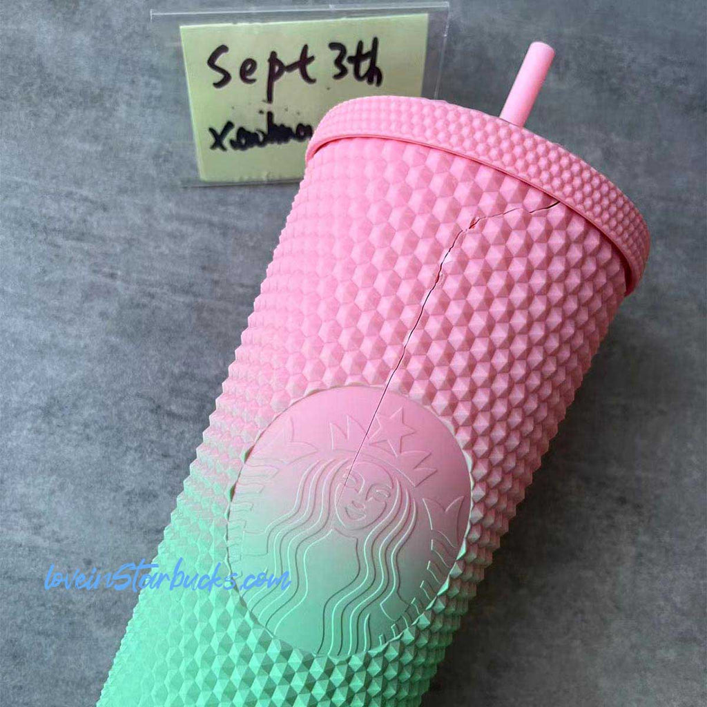 Starbucks Taiwan green pink straw studded cup 24oz damaged