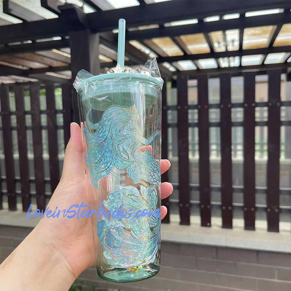 Starbucks China 2022 anniversary blue or green ocean mermaid crown Classic Glass Straw cup 20oz