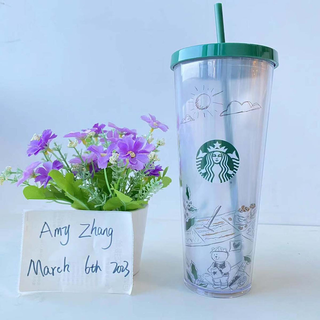 promotion  Starbucks 2022 China Green season Double layer plastic straw cup 24oz