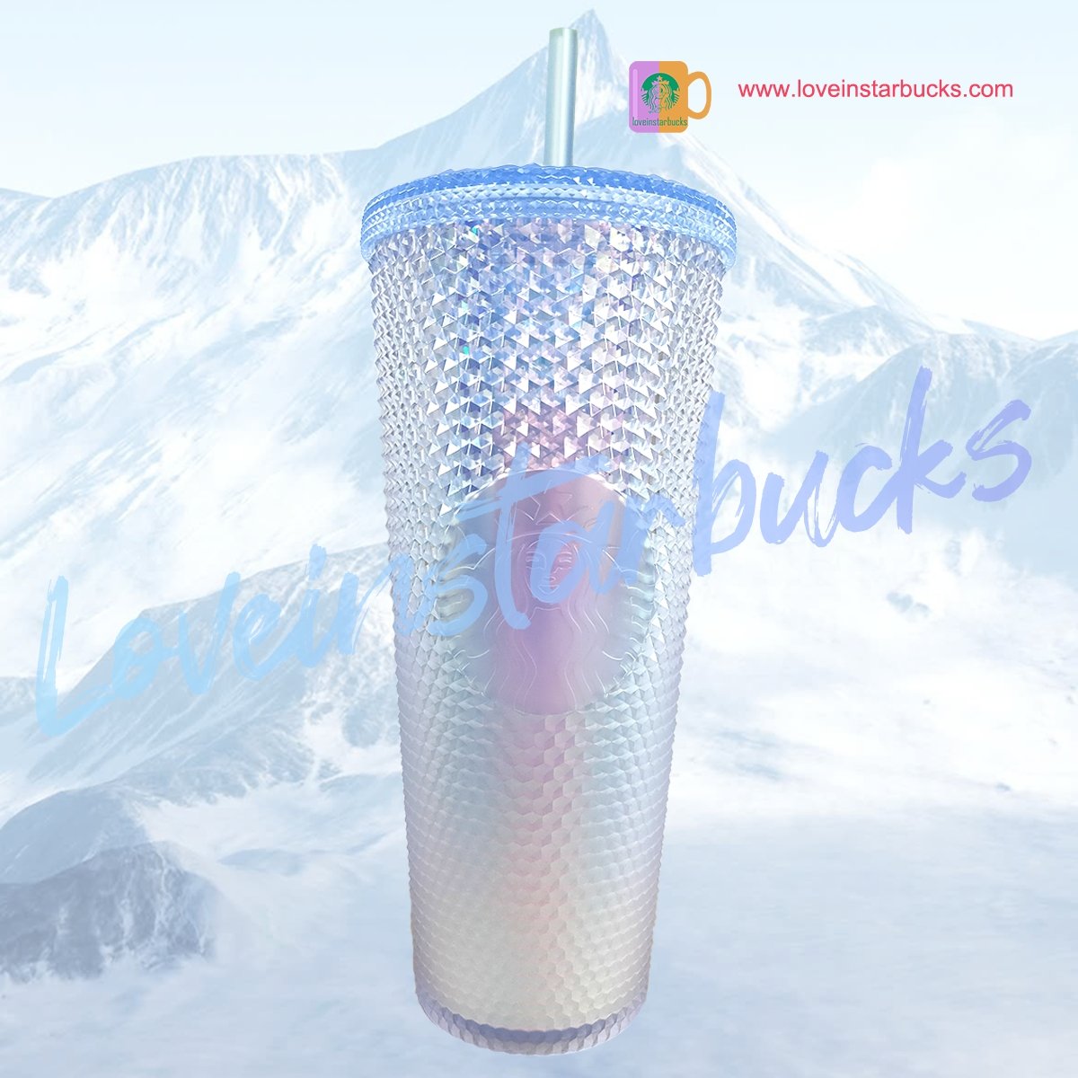 Starbucks 21 Christmas snow mountain ICE gradient blue slick 24oz studded straw cup - loveinstarbucks