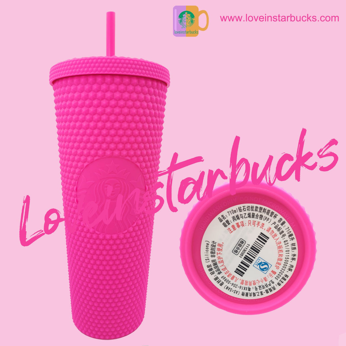 Hot Barbie Pink Studded Starbucks Tumbler 24 oz Ken Cold Drink Straw