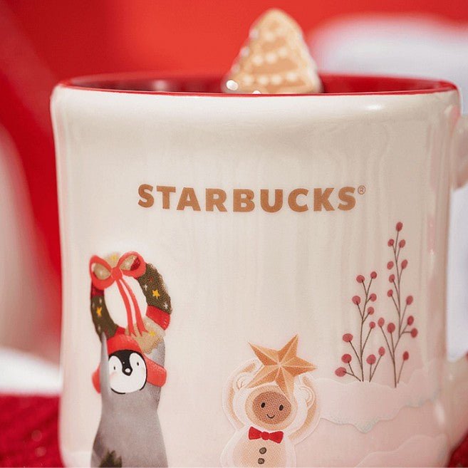 2022 Starbucks Christmas Coffee Mugs Ceramic Cup W/ Gold Spoon Gift