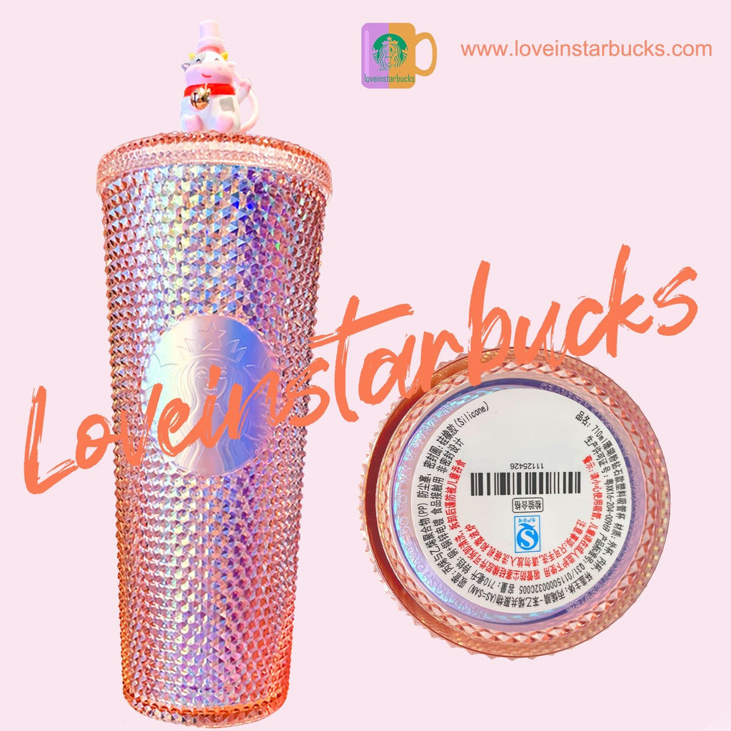 Starbucks China ox Coral Pink Shining Diamond Studded Tumbler Plastic Straw 24OZ  Cup