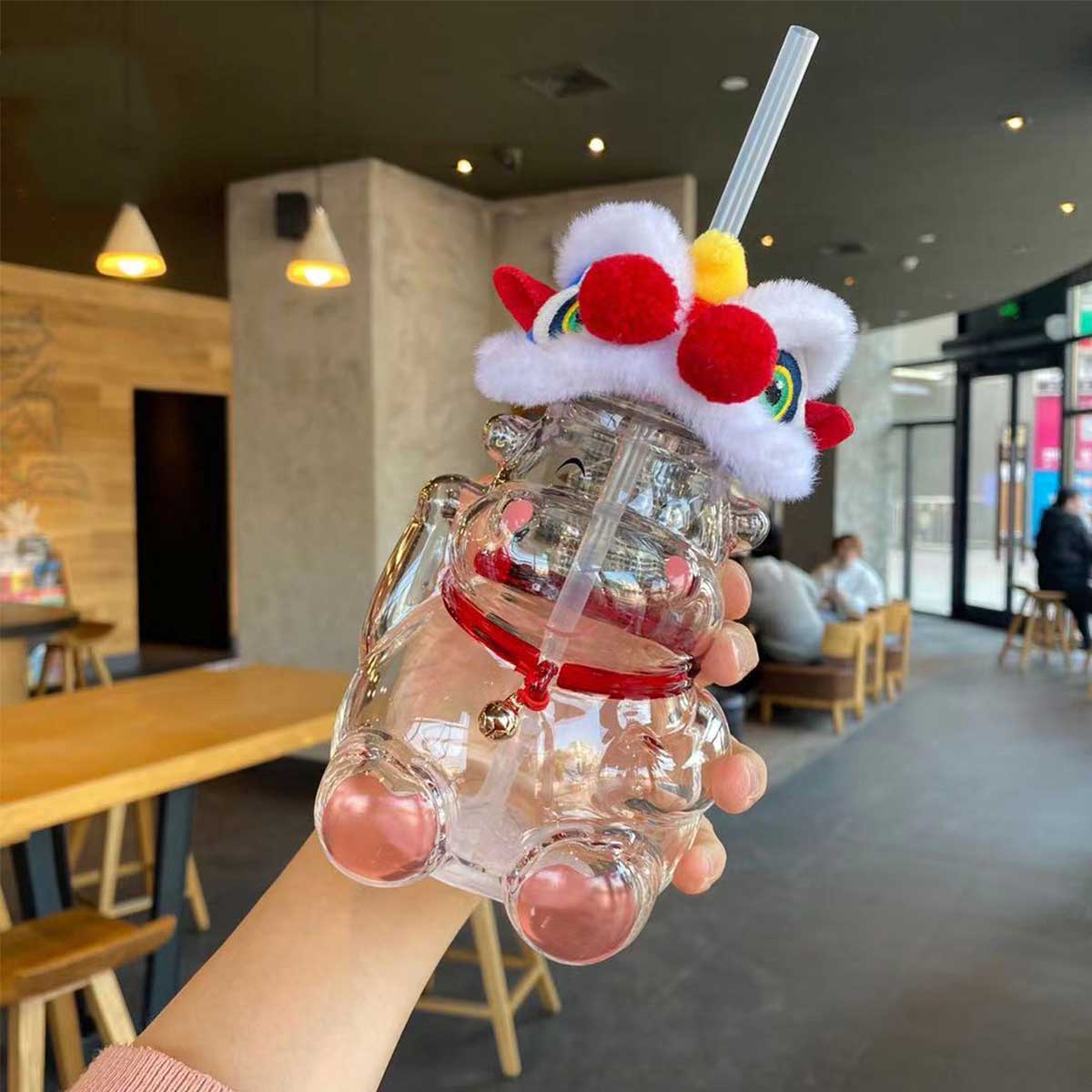 Starbucks 2021 China Lion dance Cow shape glass cold water straw cup 496ml