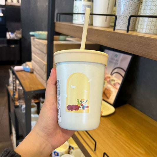 Korea 2023 Milk Yellow Dog Window View Stainless Steel Straw Cup 355ml