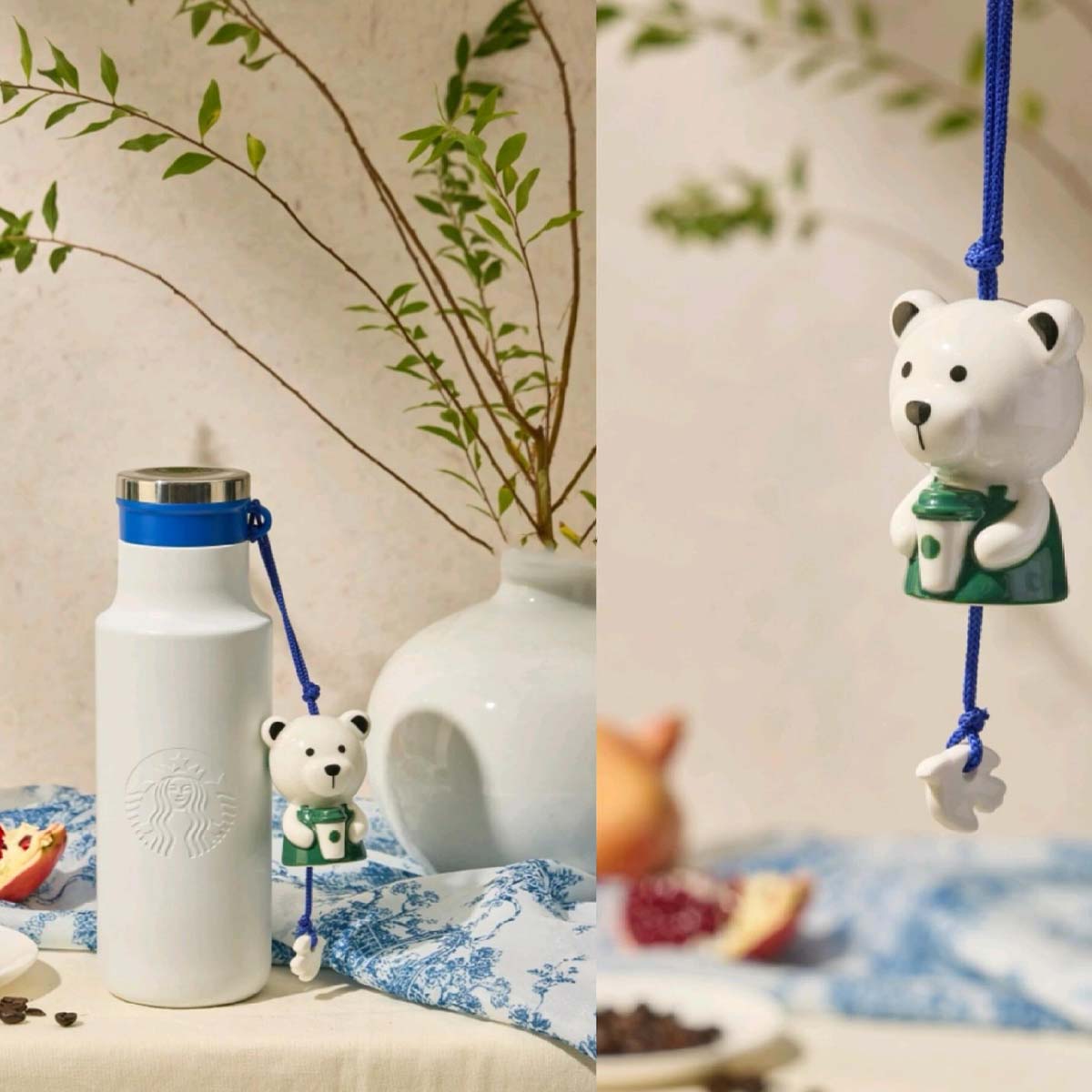 Starbucks China 2024 25th Anniversary Blue and White Porcelain White insulated cup with bear wind chime