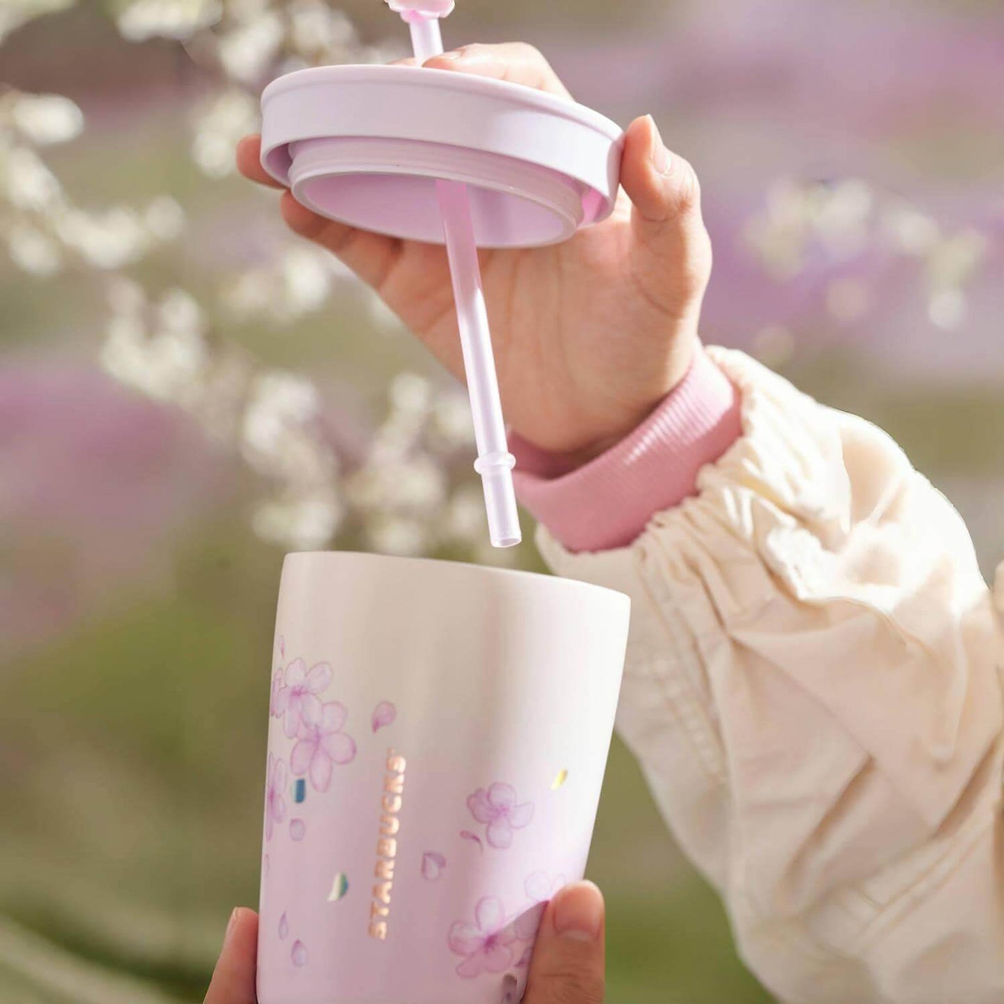 Starbucks China 2024 spring walk series Sakura stainless steel straw cup 355ml with the holder