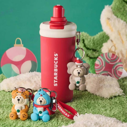 Starbucks China 2024 Christmas cute Winter Stainless steel straw cup 550ml with one random Keychain