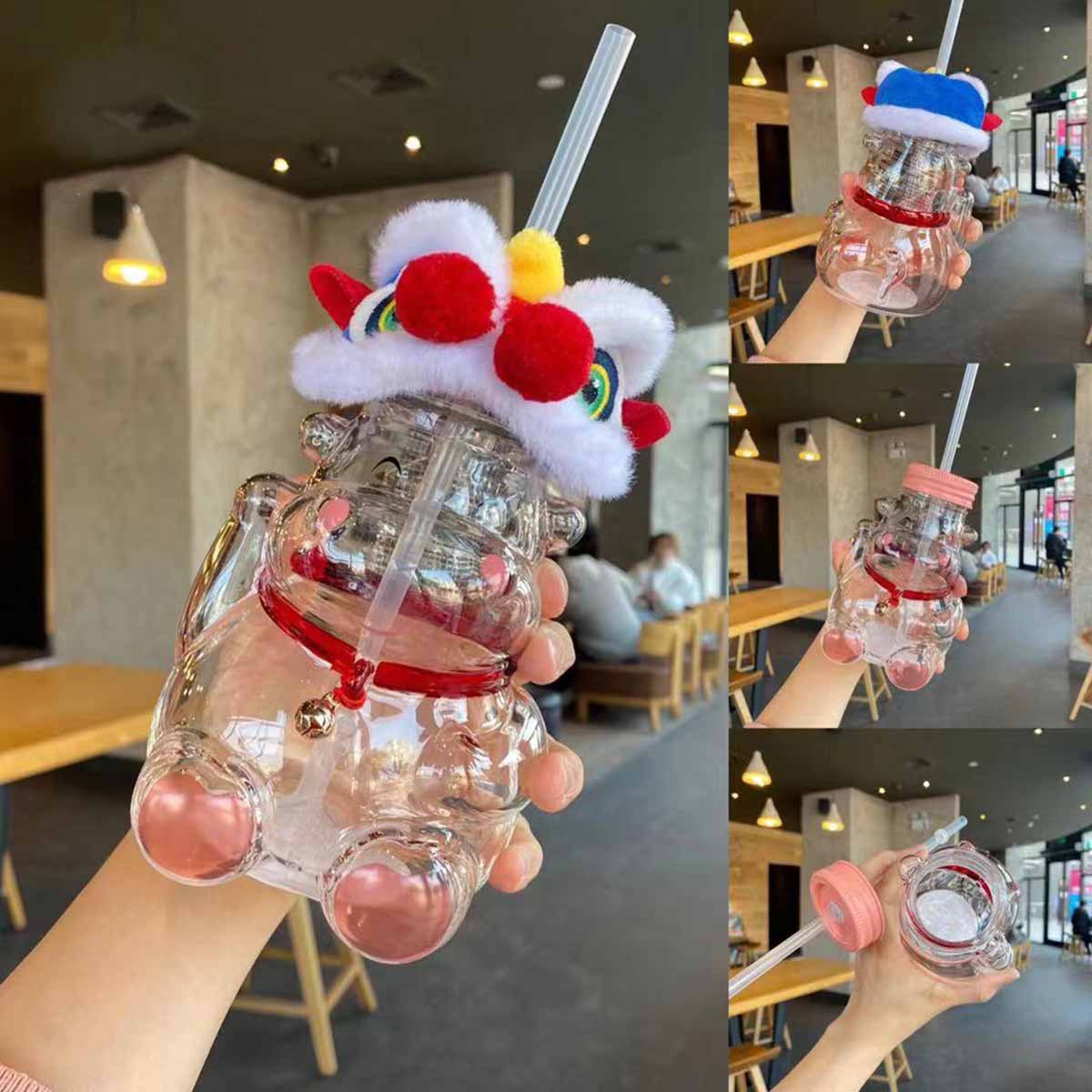 Starbucks 2021 China Lion dance Cow shape glass cold water straw cup 496ml Starbucks loveinstarbucks