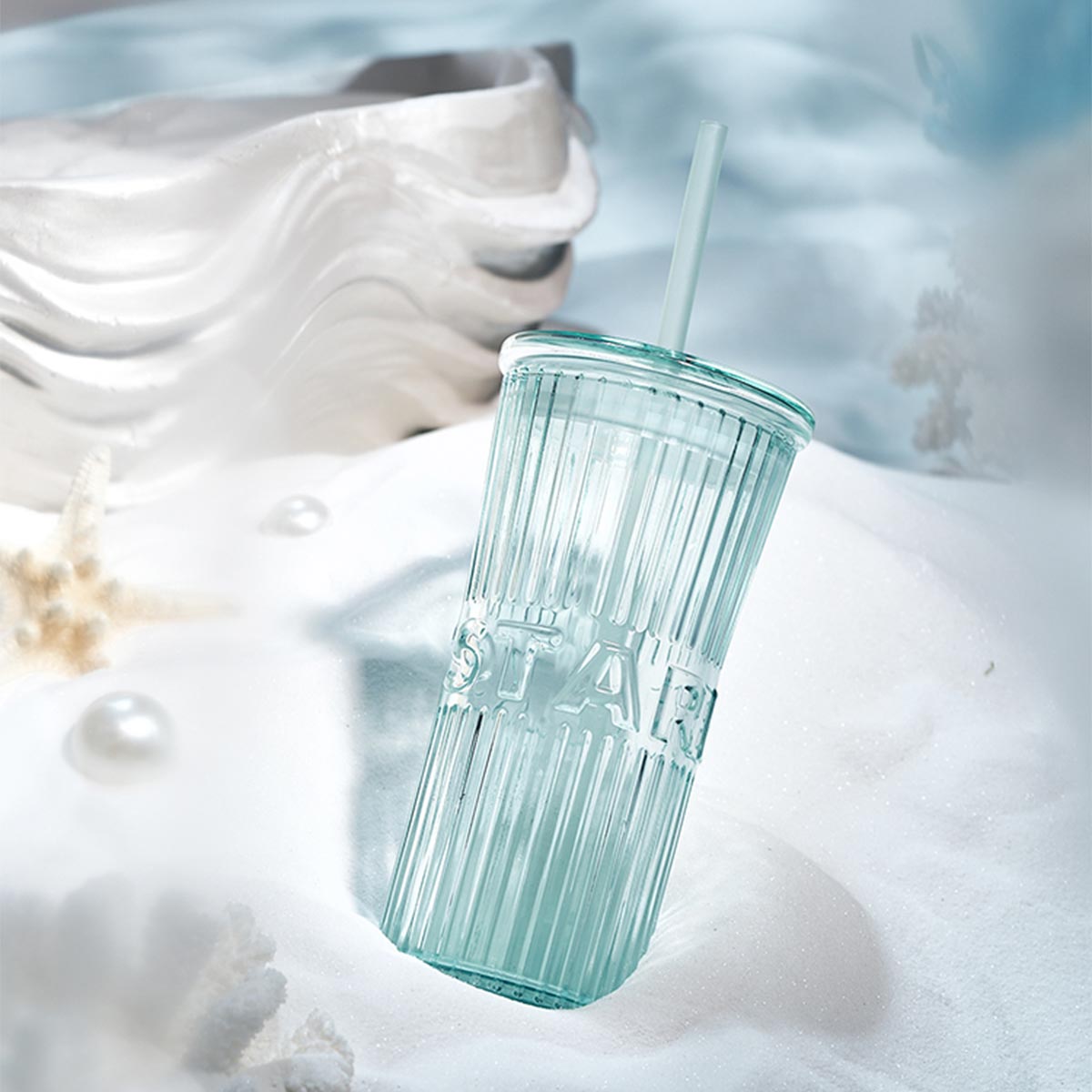 Starbucks China 2023 anniversary white gold mermaid series Light blue glass straw cup 740ml