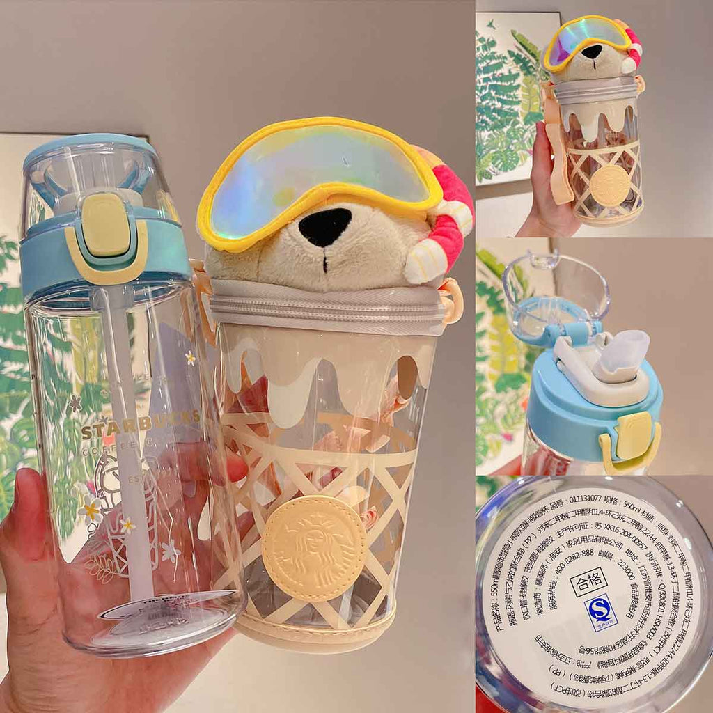 Starbucks China 2021 Colorful jungle Thermos Ice Cream Bear Plastic Straw Cup with bag 550ml