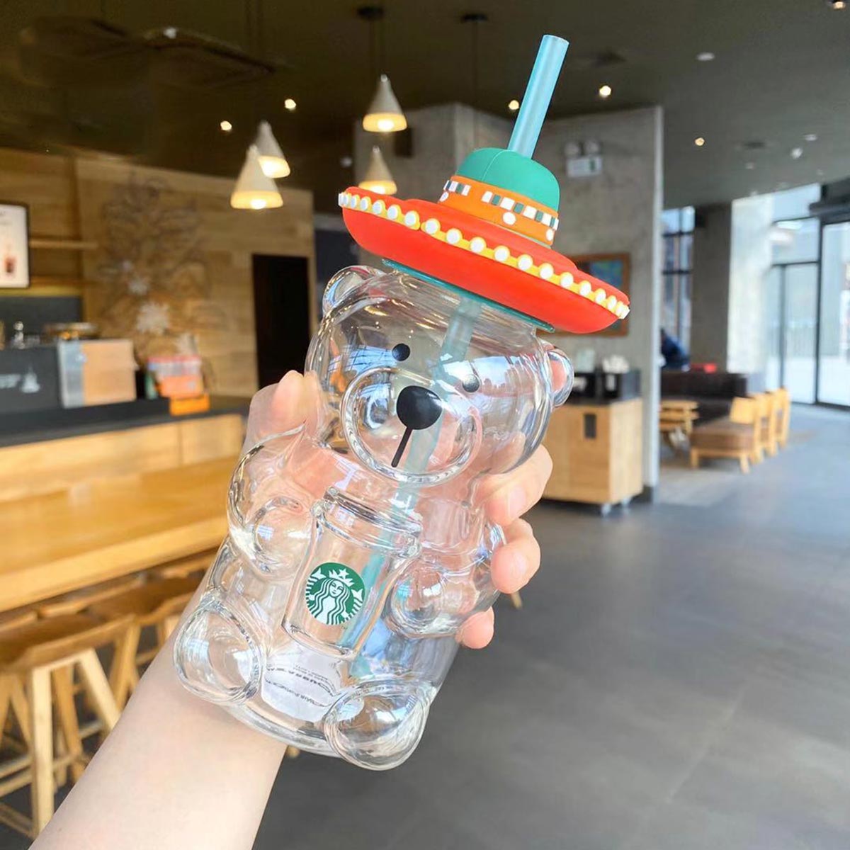 Straw flaw Starbucks 2020 China Latin American style barista bear glass straw cold cup 502ml