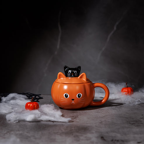 Starbucks HONG KONG Witch’s Halloween Party Collection PUMPKIN MUG WITH CAT LID 12OZ