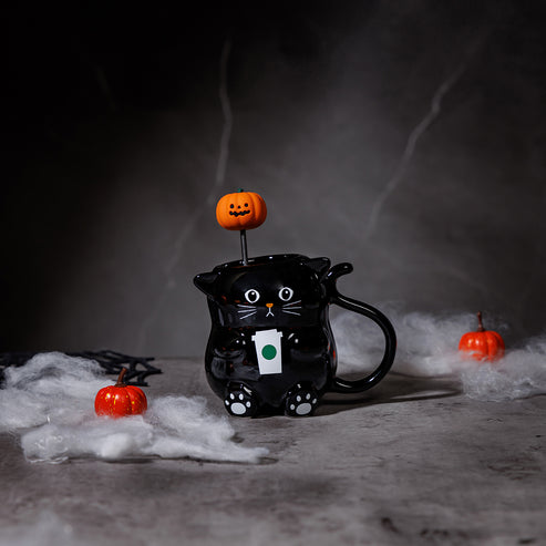 Starbucks HONG KONG Witch’s Halloween Party Collection BLACK CAT MUG WITH PUMPKIN STIRRER 12OZ