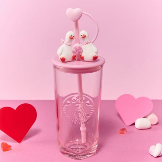 Starbucks China 2026 Pupu Duck Valentine's Day series heart-shaped bottom glass 500ml 17.6oz