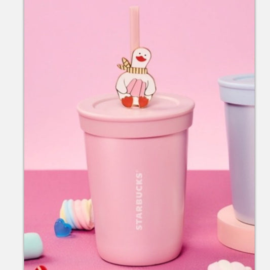 Starbucks China 2026 Pupu Duck Valentine's Day series pink stainless steel straw cup with straw decoration 450ml 15.84oz