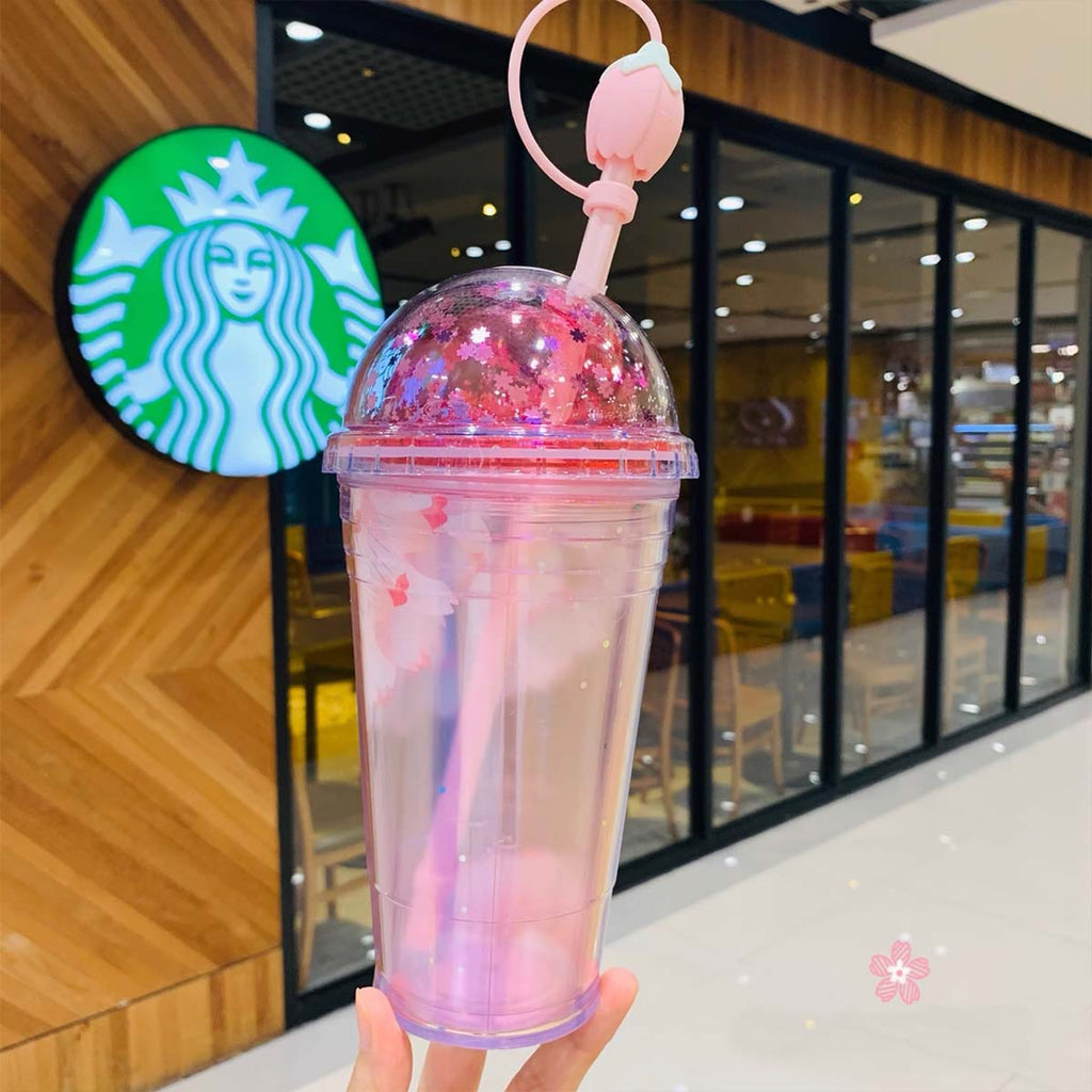 Pink cherry blossom blooming plastic straw cup 473ml