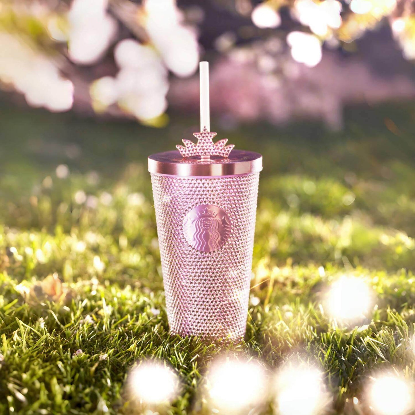 Starbucks China 2024 spring walk series pink Sakura crown rhinestones stainless steel cup