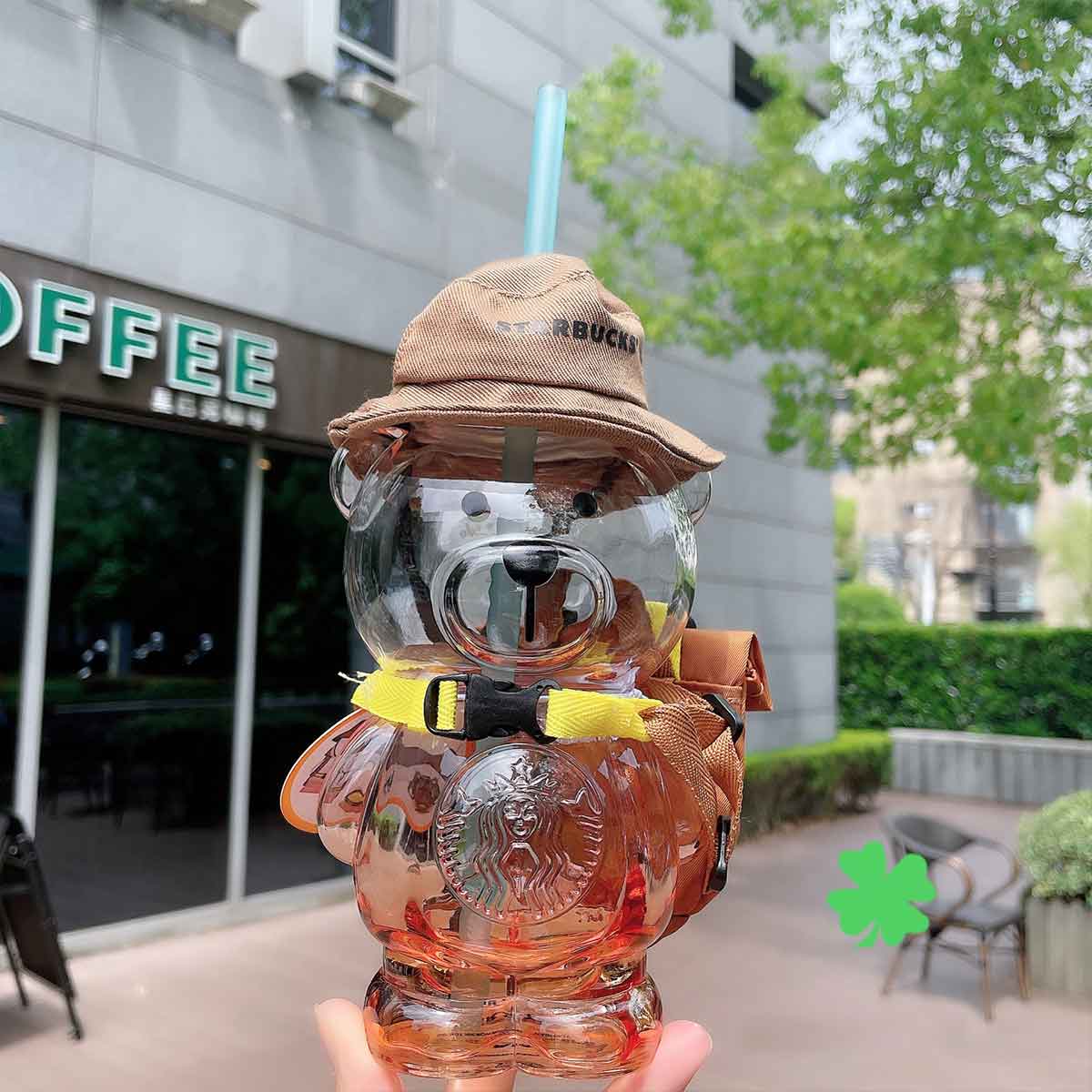 Starbucks China Summer 2021 Camping Bear Shaped Glass 14oz Straw Cup