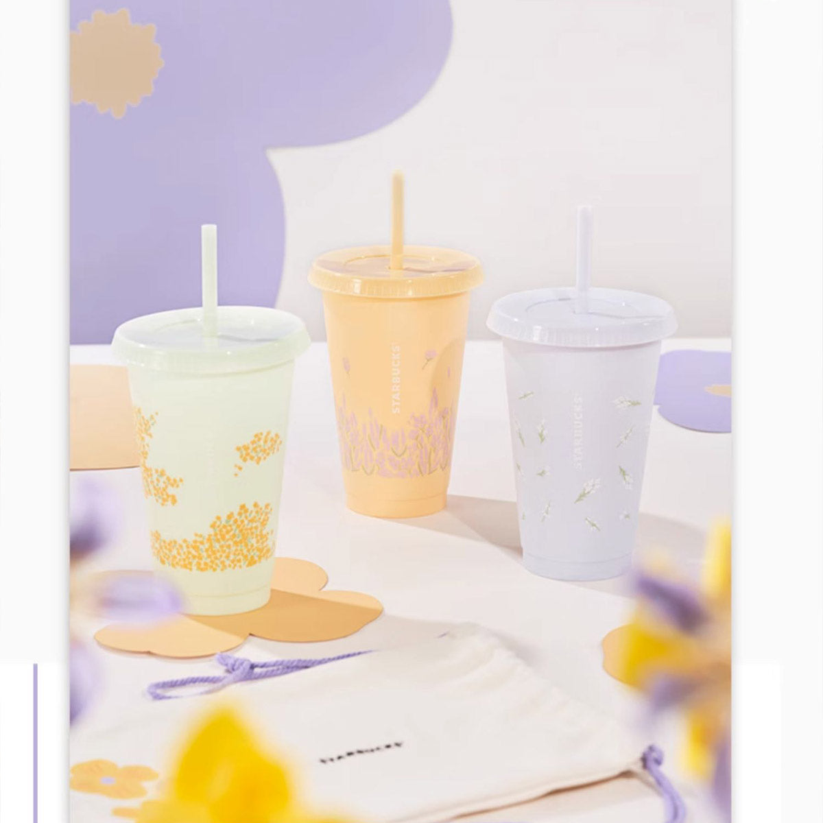 on sale Starbucks China 2023 Summer wildflowers reusable straw cup -three cups