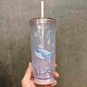 Starbucks HongKong Taiwan Outer Space and Whales series plastic Double-layer straw cup 532ml
