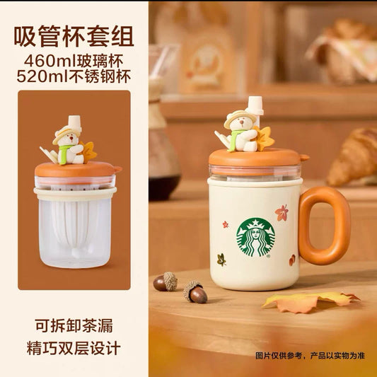 Starbucks China 2025 Bear Dessert House Series Stainless Steel Glass Tea Leak Straw Cup Set