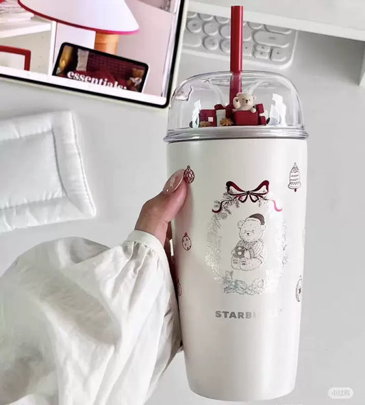 Starbucks China 2025 Christmas Heartbeat series 560ml stainless steel bow straw cup