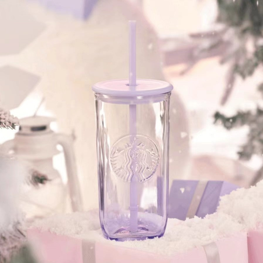 Starbucks China 2023 Christmas cute pet series purple or pink triangular triangle glass  straw cold cup 16oz pink glass have cat paw topper