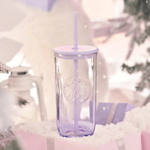 Starbucks China 2023 Christmas cute pet series purple or pink triangular triangle glass  straw cold cup 16oz pink glass have cat paw topper