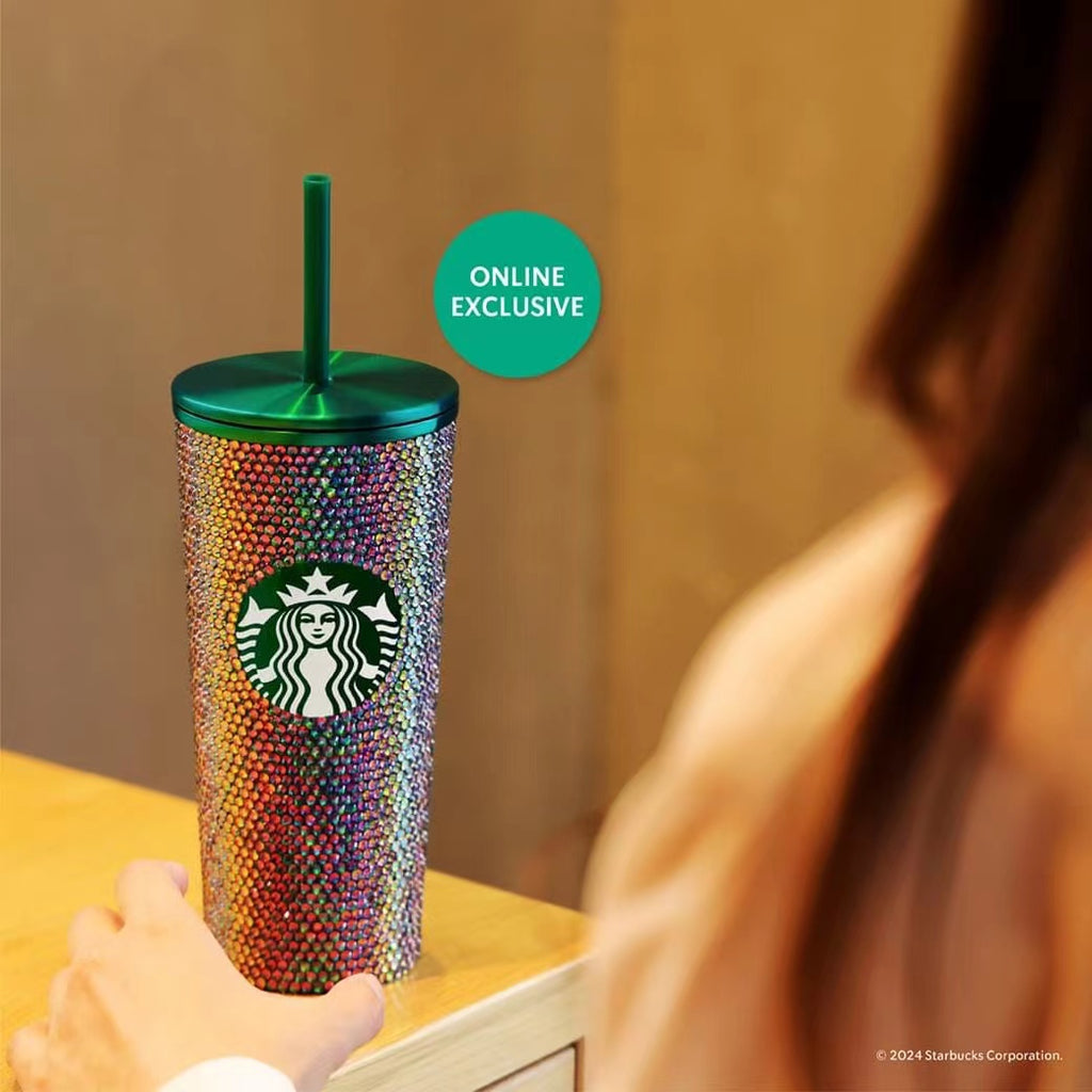 Starbucks Thailand 2024 METALLIC green rhinestones cold water straw cup 16oz