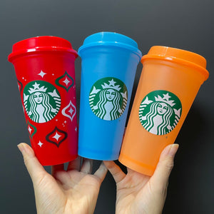 Starbucks reusable red blue and orange cup 16oz a set