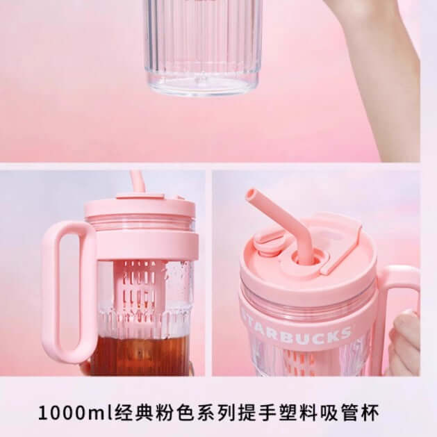 Starbucks China 2024 Classic pink series plastic straw cup with handle 1000ml