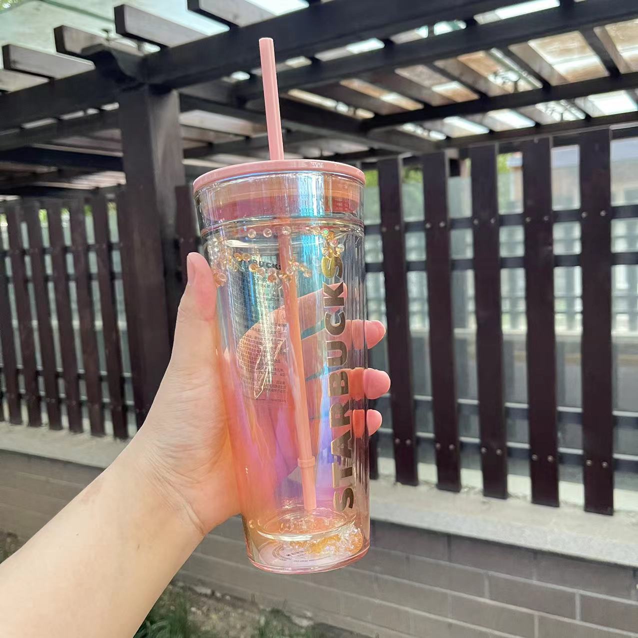 New Starbucks China Green Glass Siren Logo Cold Cup with Straw