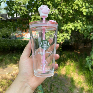 Starbucks China Enjoy Frappuccino Glass pink Straw Cup with cat's claw topper 15.20oz