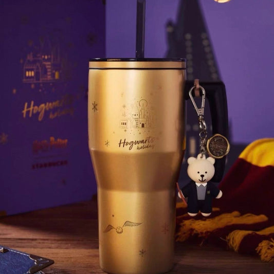 Starbucks China 2025 Harry Potter Collaboration Series 880ml Castle Style Thermos Stainless Steel Straw Cup with Bear Pendant