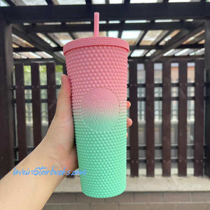 Starbucks Taiwan ombré matte pink green gradient studded cold tumbler cup 24oz