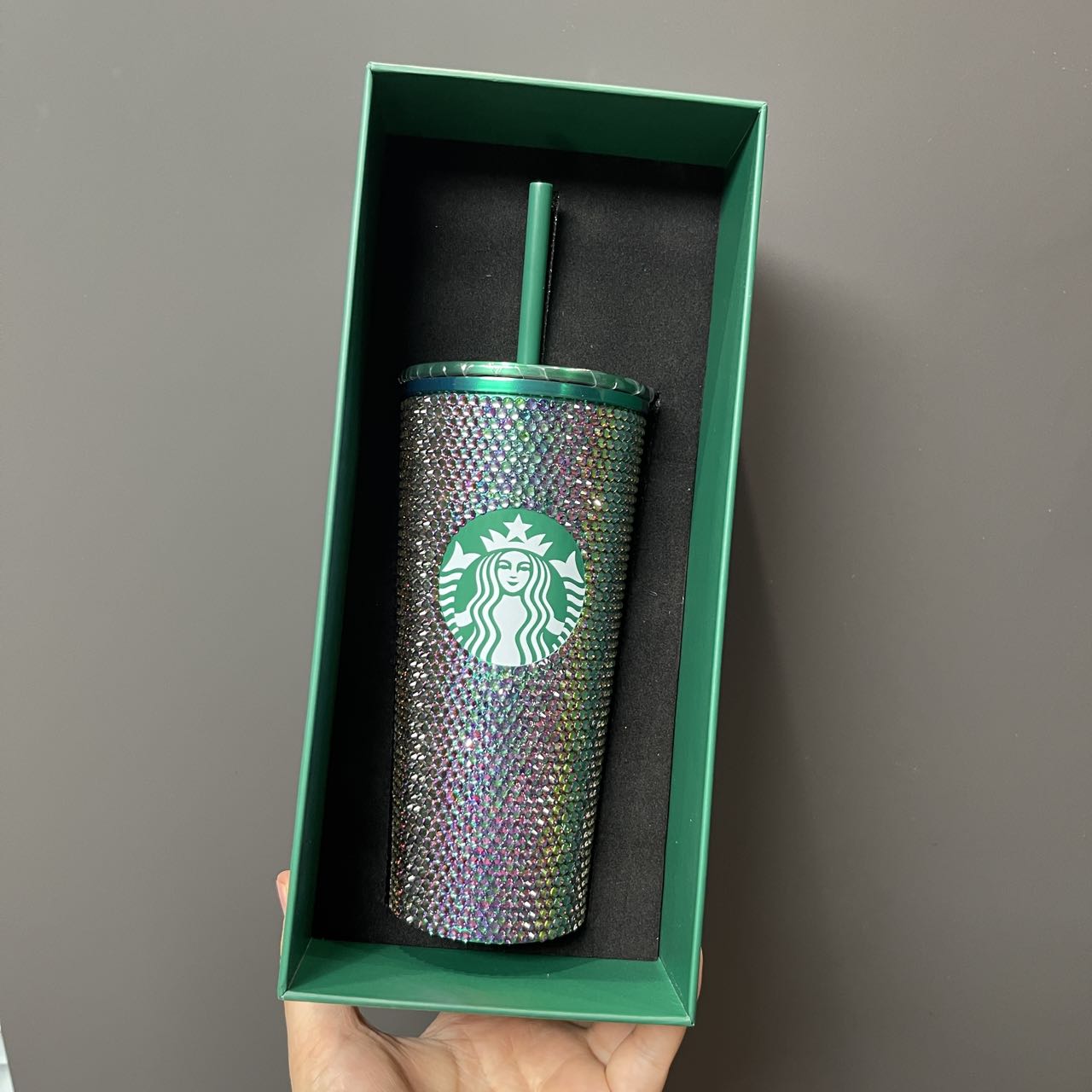 Tiny flaw Starbucks Thailand 2024 METALLIC green rhinestones cold water straw cup 16oz