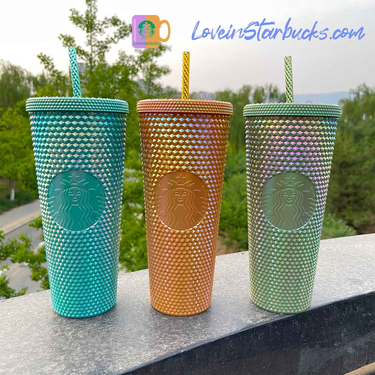 Starbucks Tumblers Indonesia 2023 Turquoise Mustard and Pistachio studded straw cup 24oz