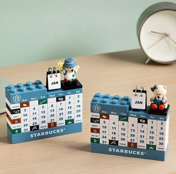 Starbucks Taiwan Building Blocks blue white calendar with cute topper