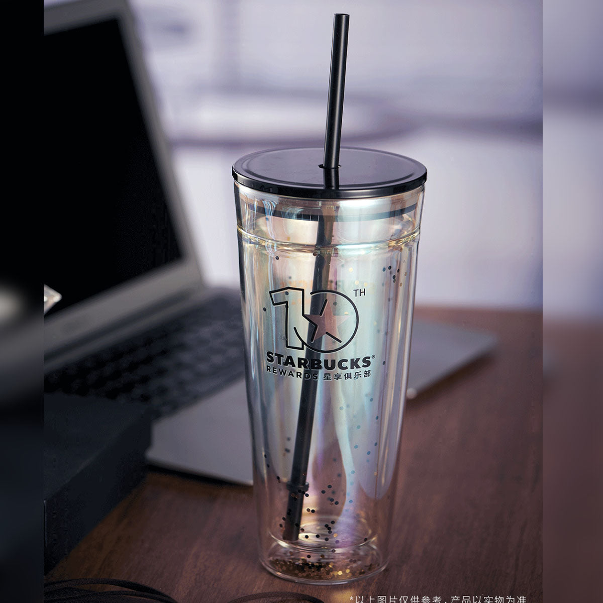 promotion Starbucks 10th anniversary Black Gold Glitter double-layer Classic Glass Straw 20oz cup