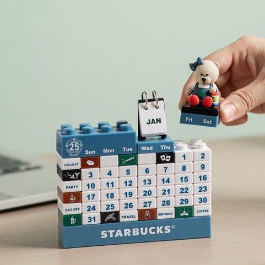 Starbucks Taiwan Building Blocks blue white calendar with cute topper
