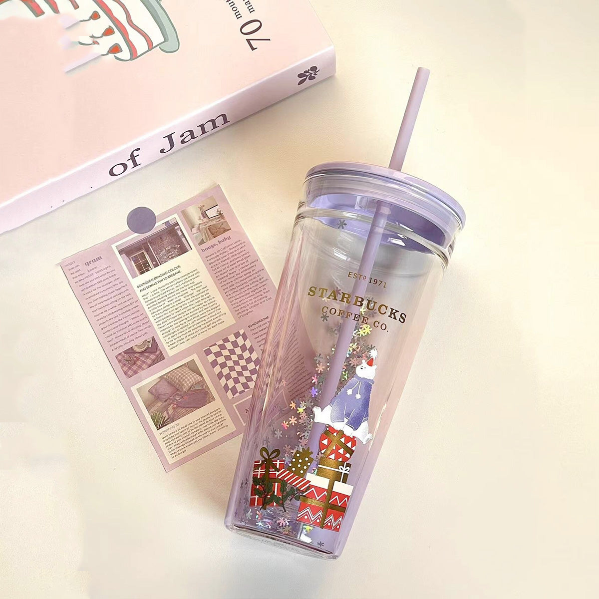 Starbucks China 2023 Christmas cute pet series purple double-layer Classic Glass Straw 20oz cup