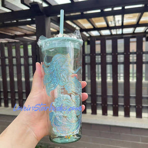 on sale Starbucks China 2022 anniversary blue or green ocean mermaid crown Classic Glass Straw cup 20oz